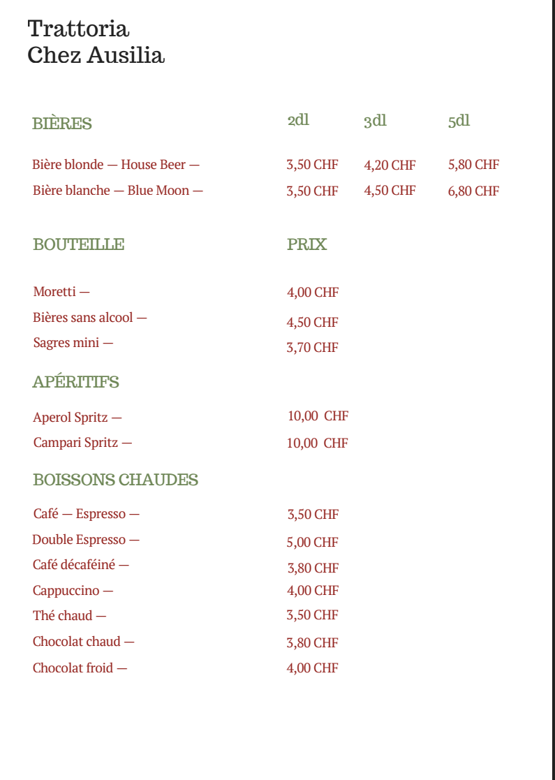 Menu des bières