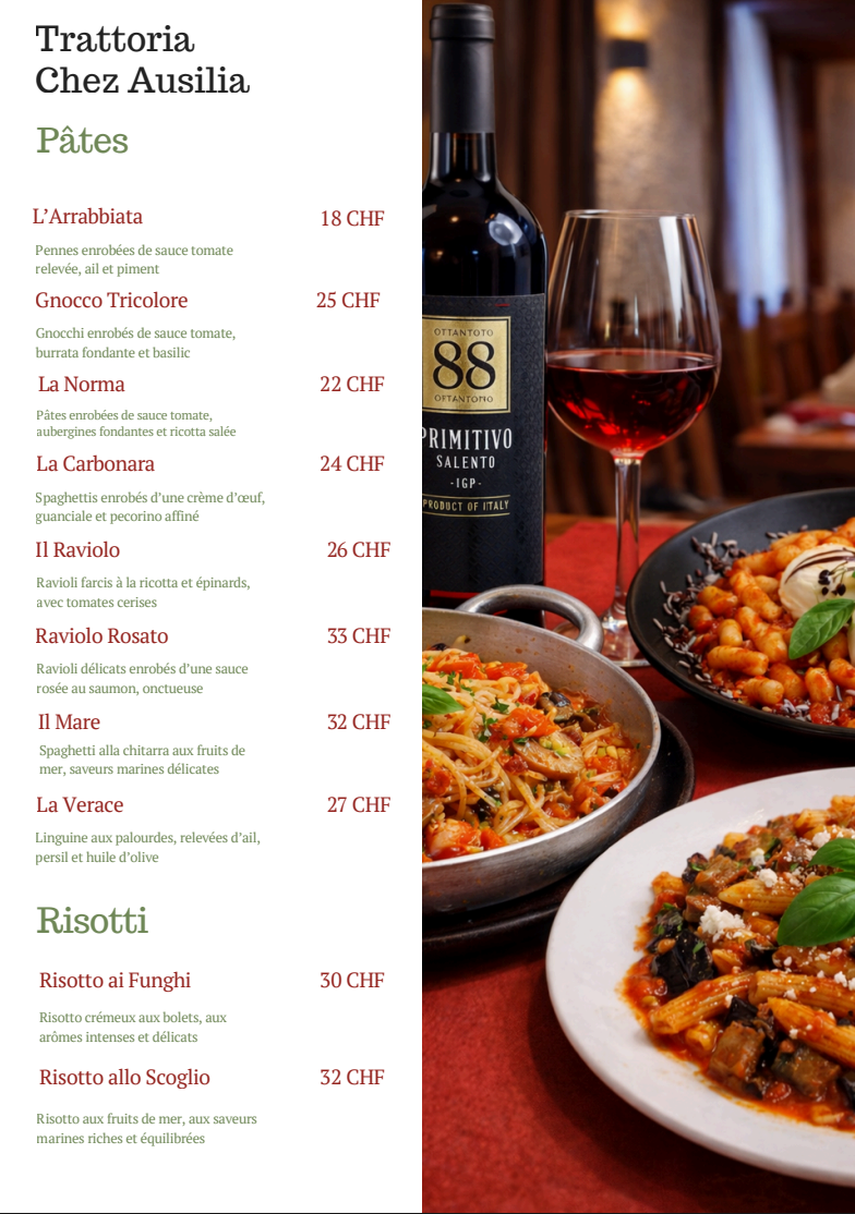Menu des pâtes